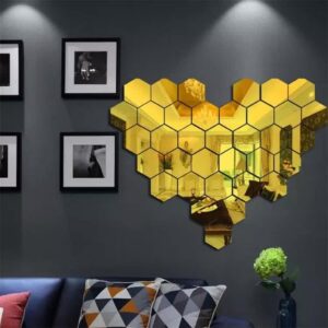 1BHAAV Super Hexagon Wall Decor (14PCS) Golden Acrylic Mirror for Wall Stickers for Bedroom