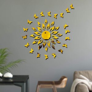 1BHAAV Sun Golden with 20 Butterfly Golden Decorative Mirror Stickers for Wall 3D Acrylic Wall Stickers