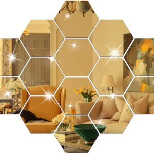 1BHAAV Super Hexagon Wall Decor (14PCS) Golden Acrylic Mirror for Wall Stickers for Bedroom