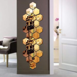 1BHAAV Hexagon 24 Golden Mirror Stickers for Wall, Acrylic Wall Decor Sticker