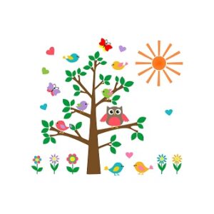 1bhaav Cartoon Tree Birds Butterfly Flowers Sun Wall Sticker, also known as wall decals or wall art, are decorative elements