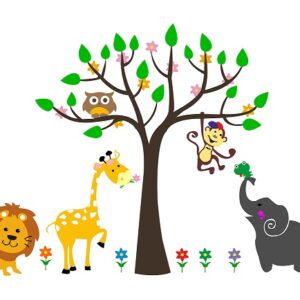 1bhaav Cartoon Animals in Forest Under Tree Multicolor Decorative Wall Sticker